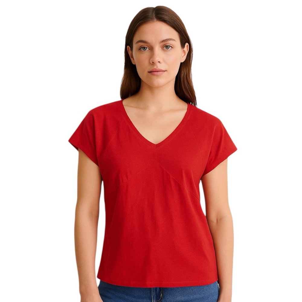 H&M Red V-Neck Short Sleeve Cotton Modal Blouse Top Women’s Size Large
